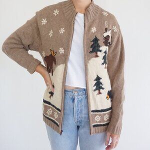 VTG Croft Barrow Brown Knit Winter Ski Moose Snowflake Christmas Cardigan M